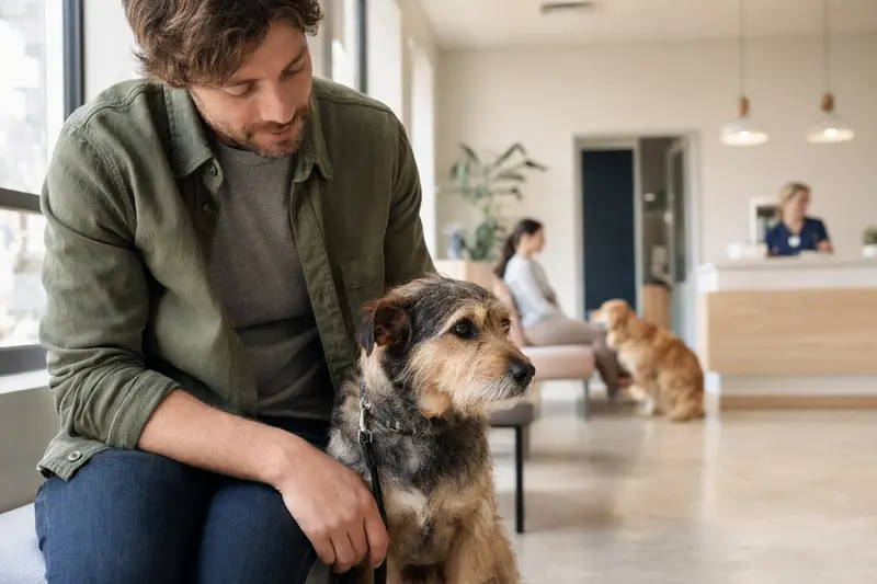 Ein Nishon-Terrier sitzt ruhig neben seinem Besitzer im hellen Wartezimmer einer modernen Tierarztpraxis.